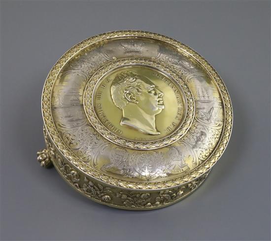 Naval Interest - a good Victorian silver gilt presentation circular table snuff box commemorating William IV, by Daniel Pettifer,